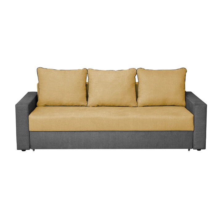 Canapea extensibila Expomob NICO II, 3 locuri, cu arcuri si lada depozitare, dimensiune 220x85x75 cm, culoare gri inchis + galben