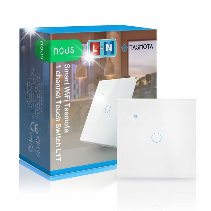 NOUS L1T Tasmota okoskapcsoló, Wi-Fi, 1 csatornás, elegáns design, 86x86x35mm