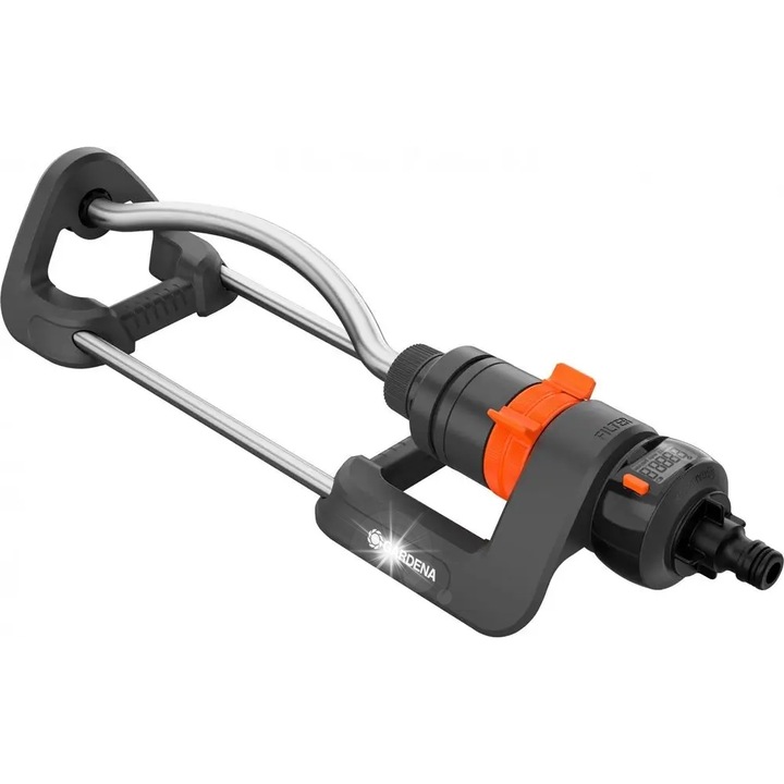 Осцилиращ разпръсквач GARDENA AquaCount, 90-220м2, 7-17м, черно-сребристо-оранжево