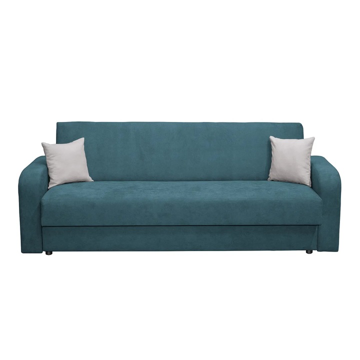 Canapea extensibila Expomob FANTAZI S, 3 locuri, cu arcuri, lada depozitare, dimensiune 225x80x90 cm, culoare turcoaz + gri deschis