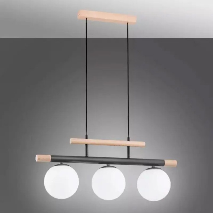 Lustra suspendata din lemn, 3 globuri sticla albe, dulie E27, culoare corp lemn/negru, inaltime reglabila