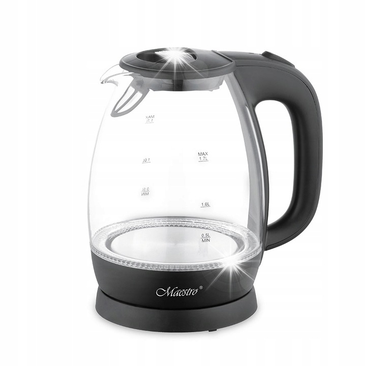 Maestro elektromos vízforraló 1,7L 2200W, modern design, üveg, fekete