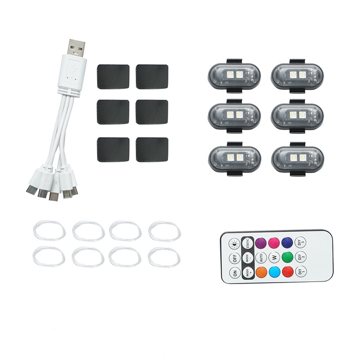 Set 6 lampi LED RGB stroboscopice cu telecomanda, 10 moduri, 8 culori, baterie litiu 110mAh reincarcabila USB-C IP65
