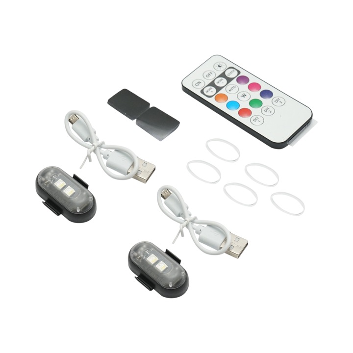 Set 2 lampi LED RGB stroboscopice cu telecomanda, 10 moduri, 8 culori, baterie litiu 110mAh reincarcabila USB-C IP65