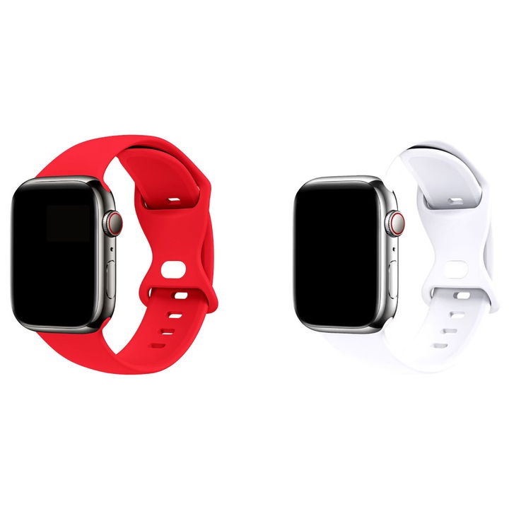 Set 2 bratari din silicon pentru Smartwatch 42/44/45/49 mm Red & White Compatibile cu Apple Watch seria 9/8/7/6/5/4| L/XL