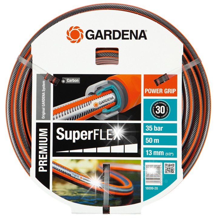 Градински маркуч Gardena SuperFlex 1/2", 50м, 13мм, налягане 35 бара, профил Power Grip