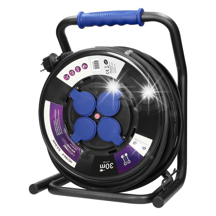 Удължител ORNO с 4 контакта, 30м, IP44, система против усукване, метална стойка CUBE