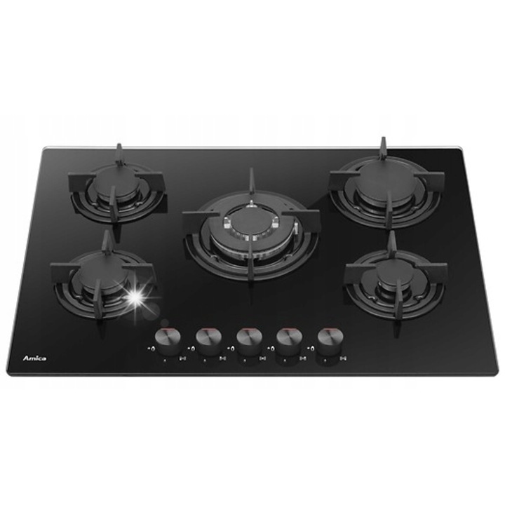 Газов плот, стъкло Amica PGCA7101AoB, 5 горелки, WOK, черен, 70x51см