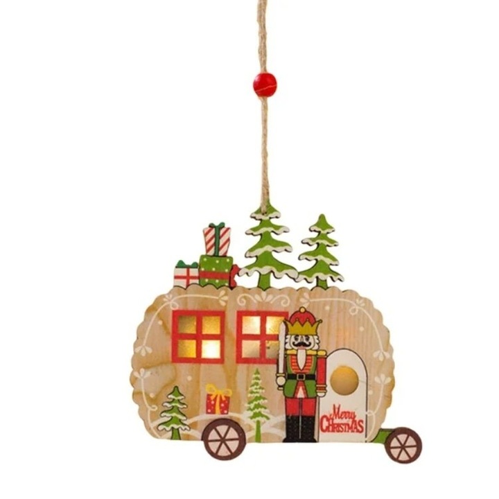 Ornament de Brad, By Fitilomania, cu Lumini LED, din Lemn, Figurina Spargatorul de Nuci, Model Masina, Multicolor