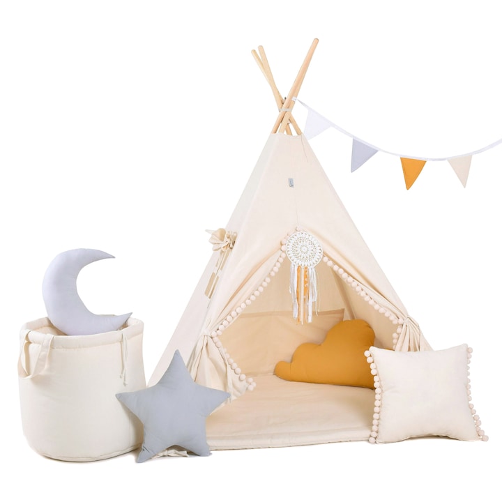Cort teepee pentru copii Cream Cloud, 110 cm x 110 cm