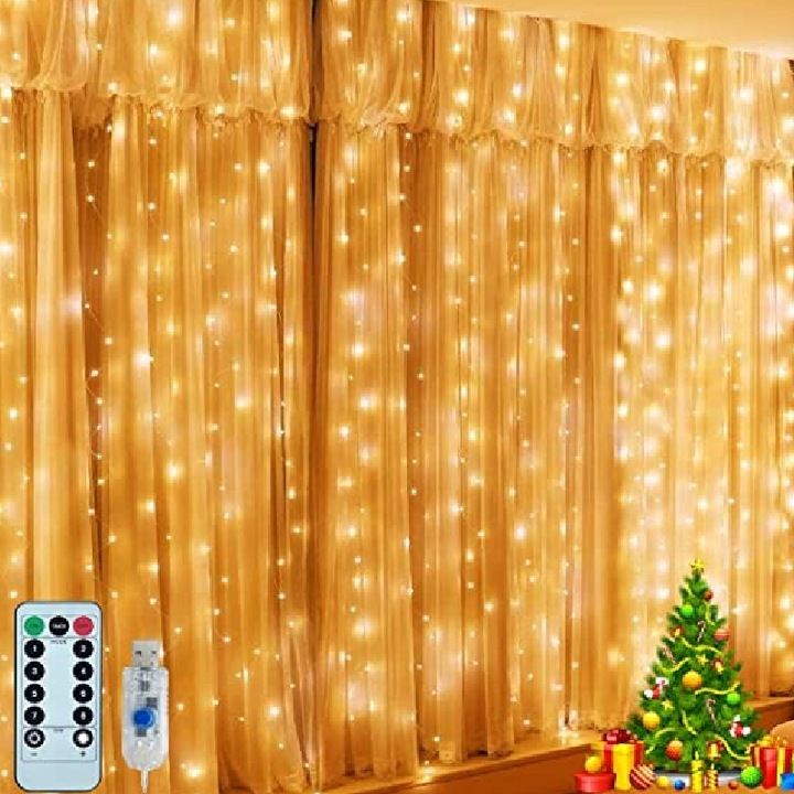 Instalatie Fir Tip Perdea HOZRO, 3 X 2 Metri, Rezistente la Apa IP65, Iluminare Decorativa Alb Cald pentru Craciun, Petreceri, Nunti si Evenimente Festive
