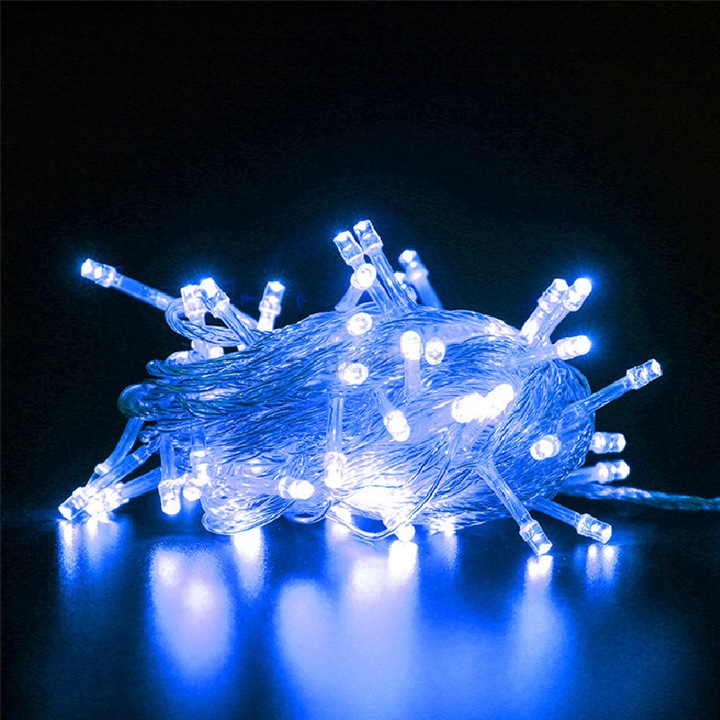 HOZRO átlátszó fényfüzér, 8 méter, 100 LED – Kék színű, dekoratív világítás beltérre és kültérre, partikra, karácsonyra és ünnepi eseményekre