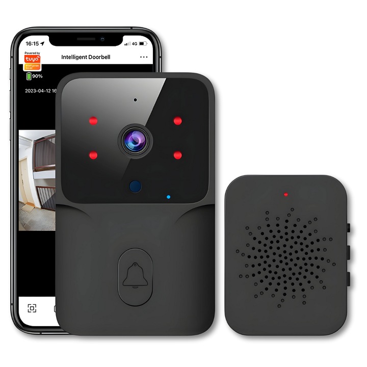 Vezeték nélküli videó csengő, Technovici SmartHome, videókamerával, kétirányú audio mikrofonnal, hanghívással és videó kaputelefonnal, WiFi, fekete