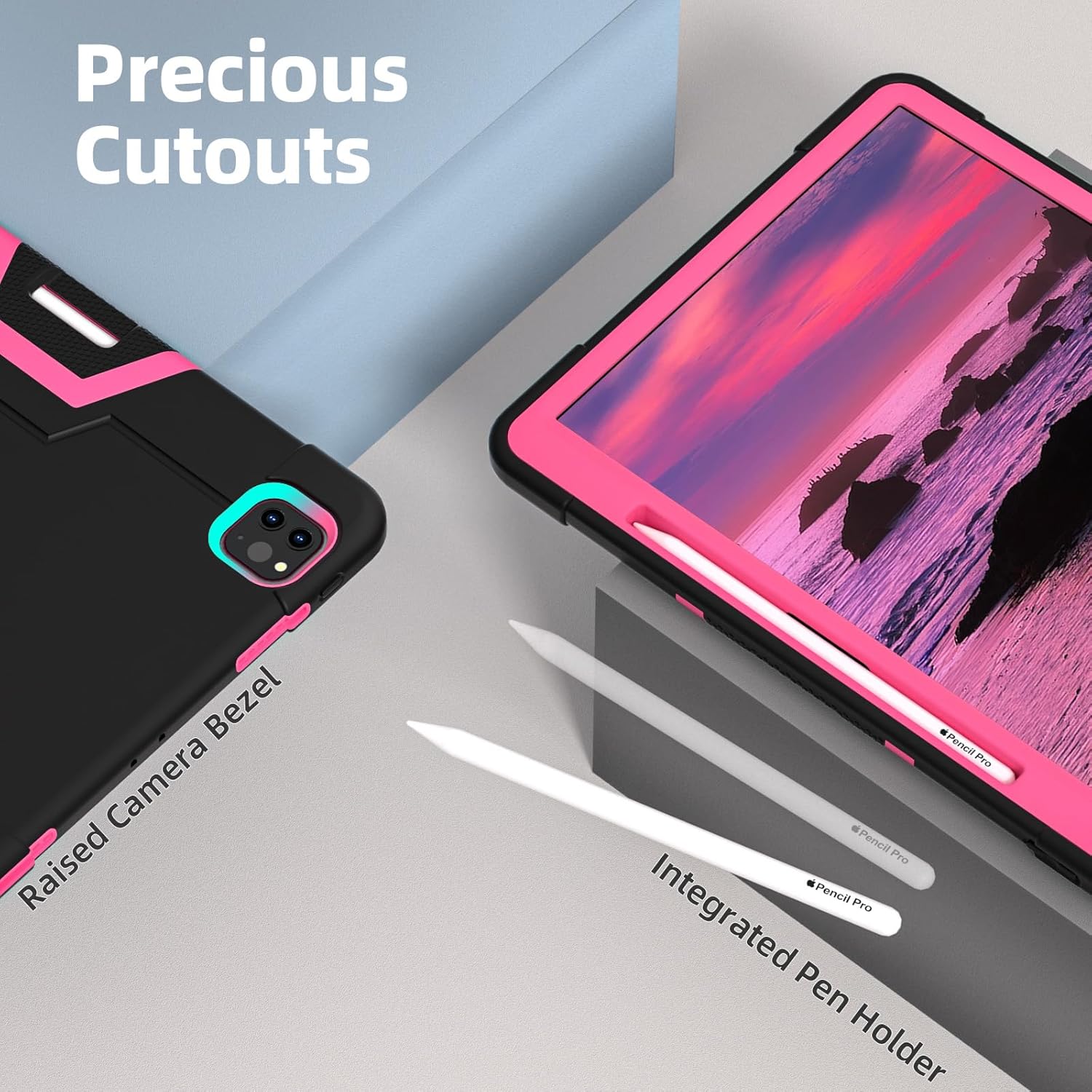 Husa Sigloo pentru iPad Air 13" (2025/2024 M3/M2) si iPad Pro 12.9" – cu Suport Kickstand, Design Robust, Negru + Roz