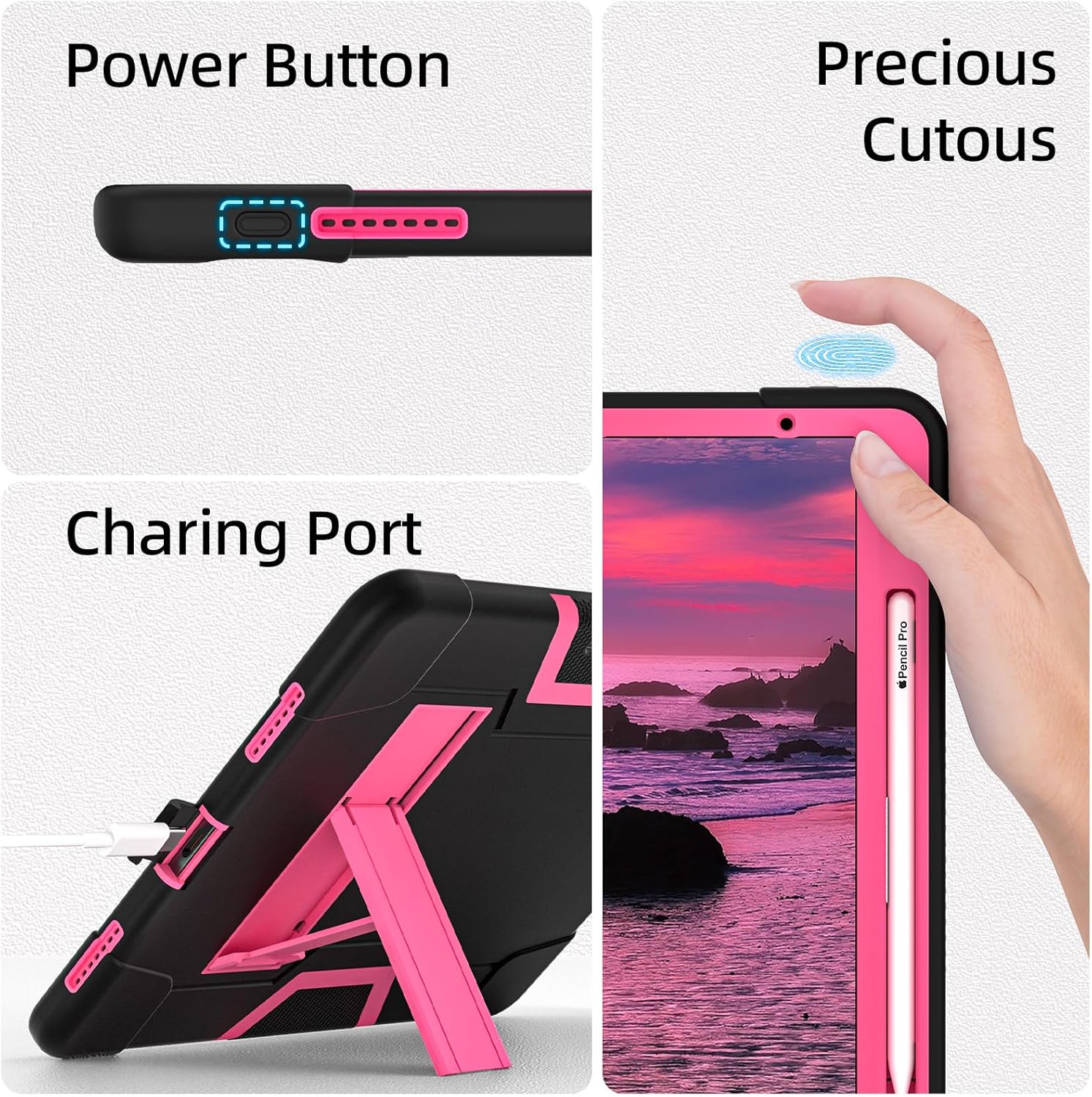 Husa Sigloo pentru iPad Air 13" (2025/2024 M3/M2) si iPad Pro 12.9" – cu Suport Kickstand, Design Robust, Negru + Roz