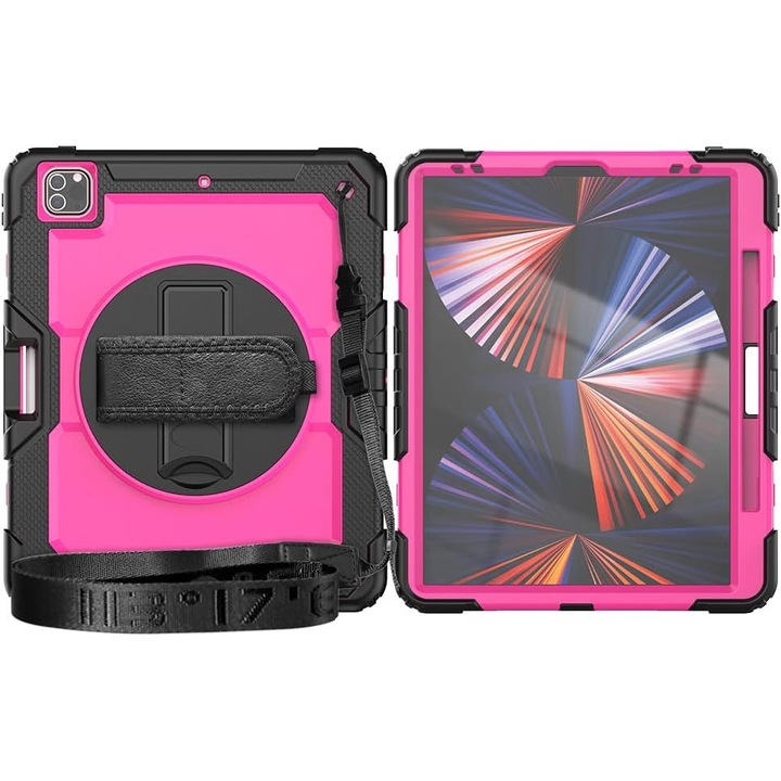 Pachet 360 pentru iPad Air13 (2024/2025), iPad Pro 12.9'' (2020/2021/2022), husa Sigloo cu folie inclusa, curea de umar si suport rotativ, Roz cu Negru