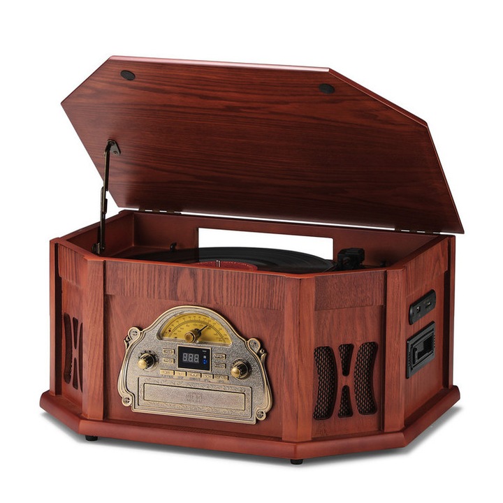 Грамофон Vintage 10-в-1, с подаръчна карта, поддържа винилови плочи 33/45/78 RPM, CD/USB/SD, Bluetooth, дистанционно управление, радио FM/AM, дърво