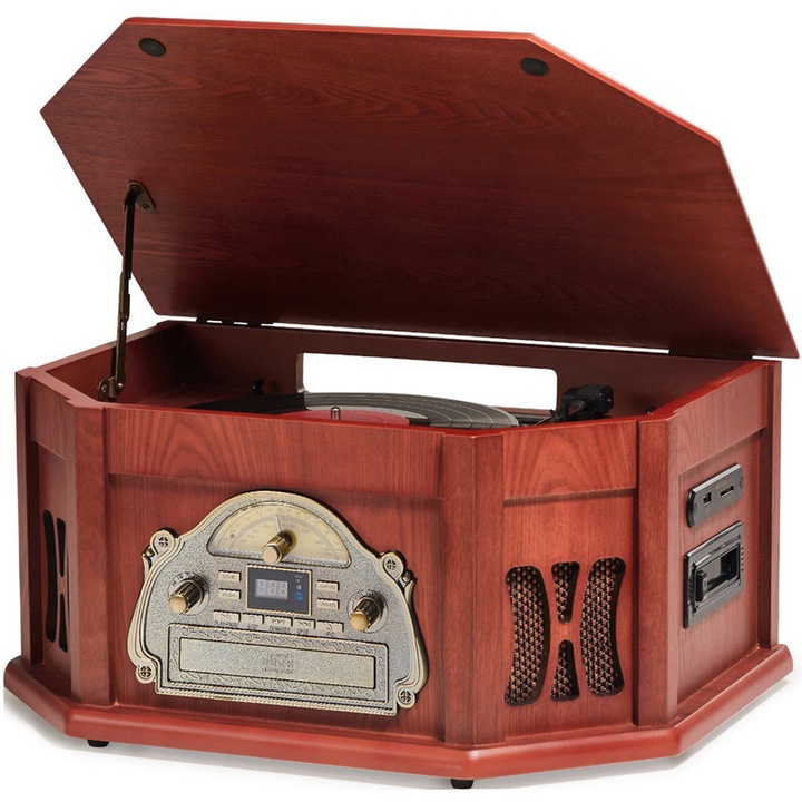 Ретро грамофон 10-в-1, с подаръчна карта, за винилови плочи 33/45/78 RPM, CD/USB/SD, Bluetooth и дистанционно управление, FM/AM радио, махагон