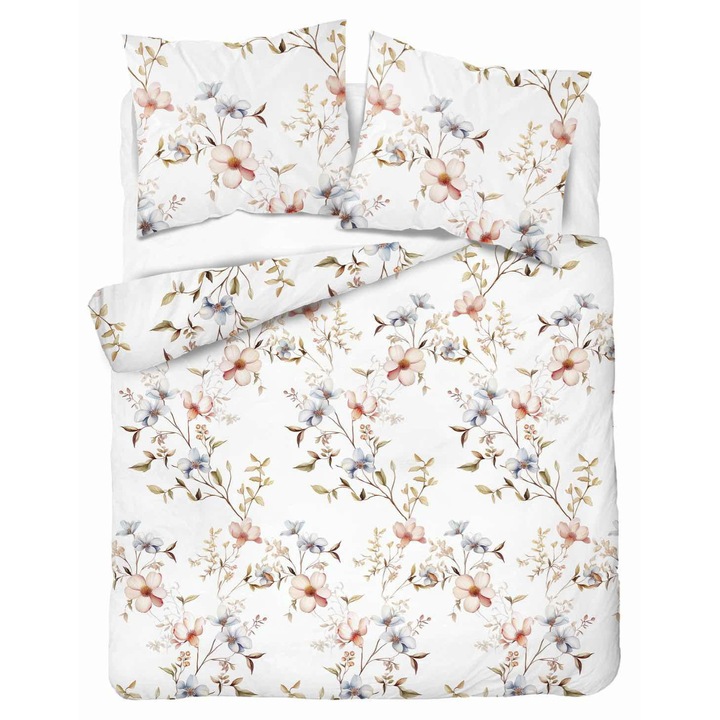 Detexpol Pasztell Virágok ágynemű, flanel, fehér, barack és kék árnyalatú virágokkal, 160x200cm, 2 párna 70x80cm
