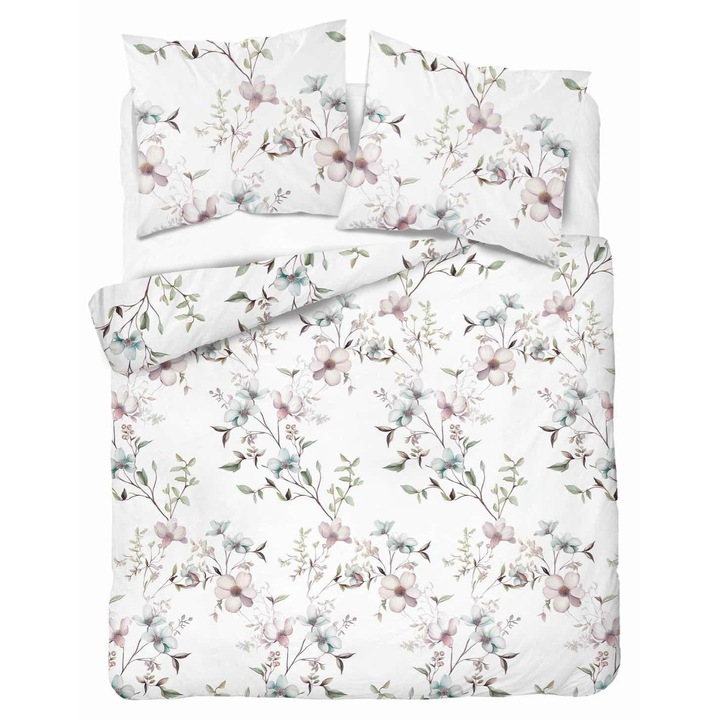 Ágynemű garnitúra 160x200cm, Detexpol, flanel, fehér púderes virágokkal és sötétkékkel, 2 párnahuzat 70x80cm