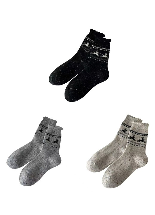 Sosete dama din lana, 3 perechi, gri/bej/negru, marime universala, imprimeu retro