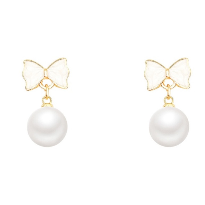 Cercei de dama din argint CK cu perle, model funda, auriu, 2.3 x 1.9 cm