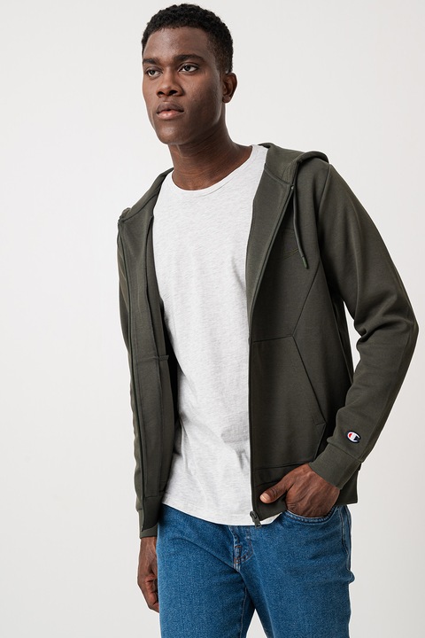 Champion, Hanorac slim-fit cu fermoar, Verde inchis