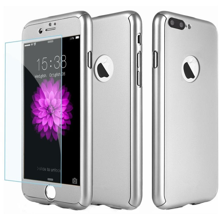 Husa Full Cover (fata + spate + folie sticla) pentru iPhone 7 Plus, Silver