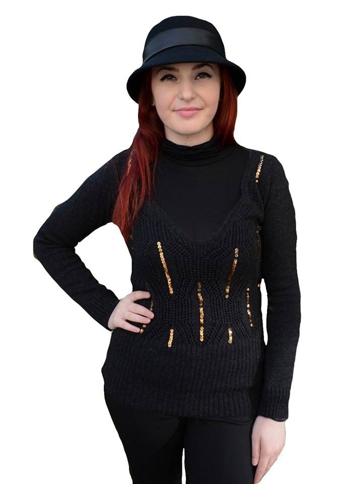 Bluza clasica, din tricot subtire cu model ajurat,D&J Exclusive, Negru