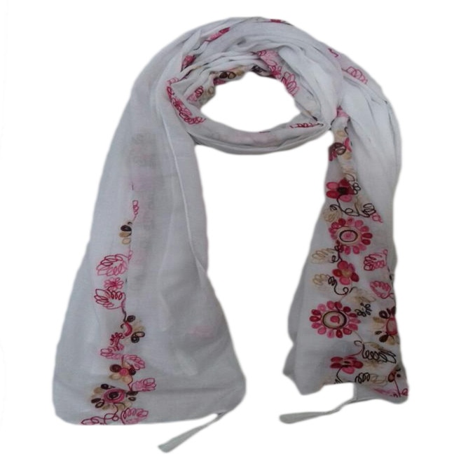 Esarfa mare din vascoza, cu broderie, franjuri in colturi, D&J Exclusive, alba