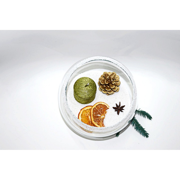 Decor de Craciun in vas de sticla, 15 x 16 cm, cu lumanare verde