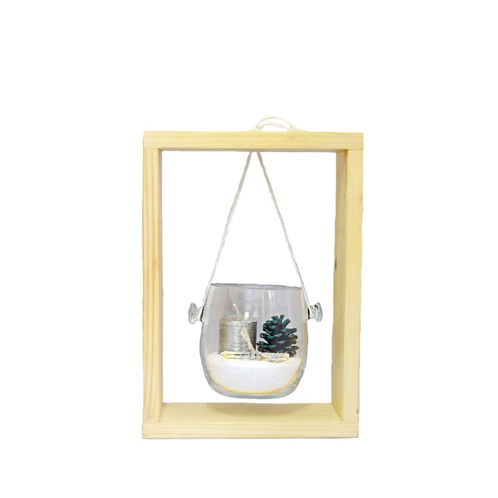 Decor de Craciun in vas de sticla, rama de lemn, 34 x 24 cm, cu lumanare argintie