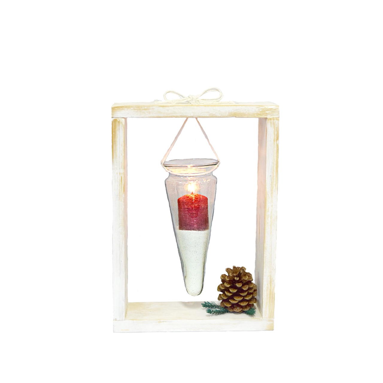 Decor de Craciun in vas de sticla, rama de lemn, 34 x 24 cm, cu lumanare rosie