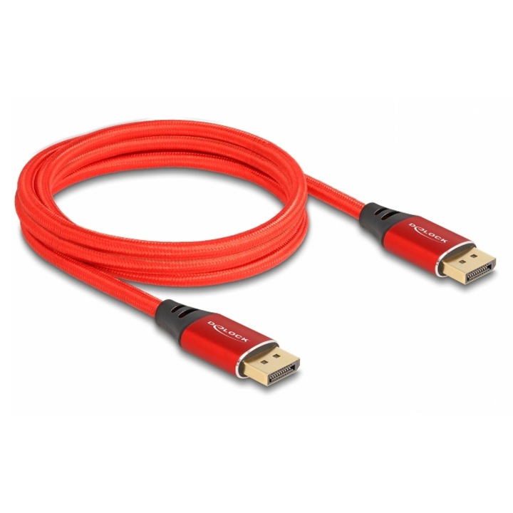 Cablu Displayport 16K60Hz/8K120Hz/4K240Hz T-T 2m brodat Rosu, Delock 80632