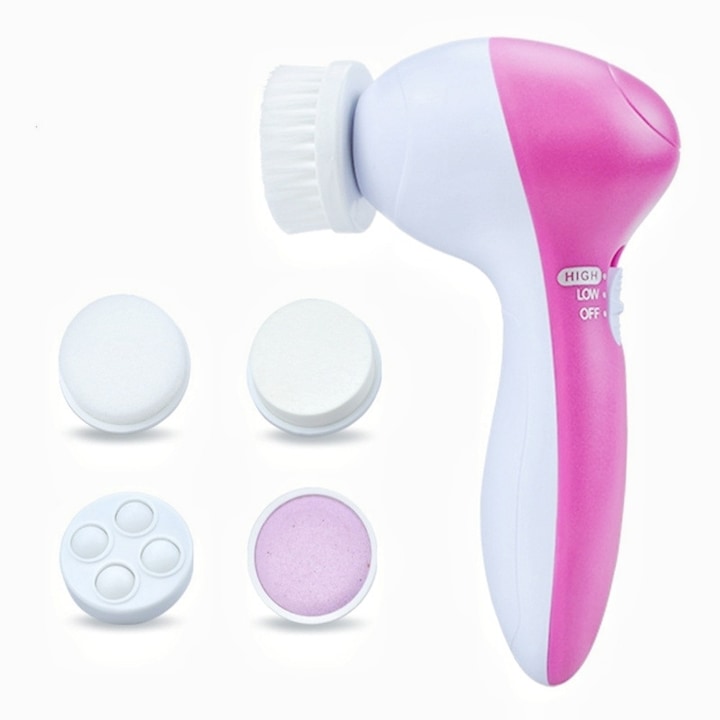 Perie de curatare faciala Xiusaqio®, Scrub facial pentru curatare profunda si exfoliere, aparat de masaj rotativ electric cu 5 capete de perie rotative, Rezistent la apa IPX7, roz