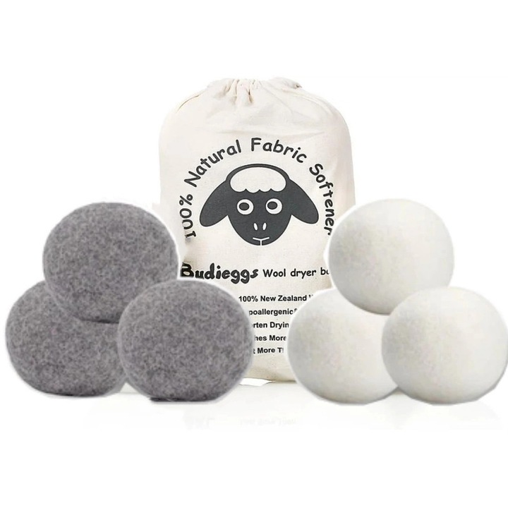 Bile din lana organice pentru uscare 6 bucati, Xiusaqio, 3 gri si 3 albe, reutilizabile, reduce timpul de uscare, sigure pentru pielea sensibila, cu sac de depozitare