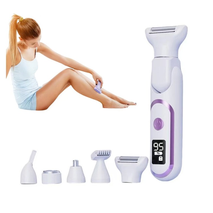 Epilator electric pentru femei 5 in 1 Umed si Uscat Xiusaqio®, Waterproof, Epilat pentru Dama, 180° rotativ, USB reincarcabil, display LCD, Alb