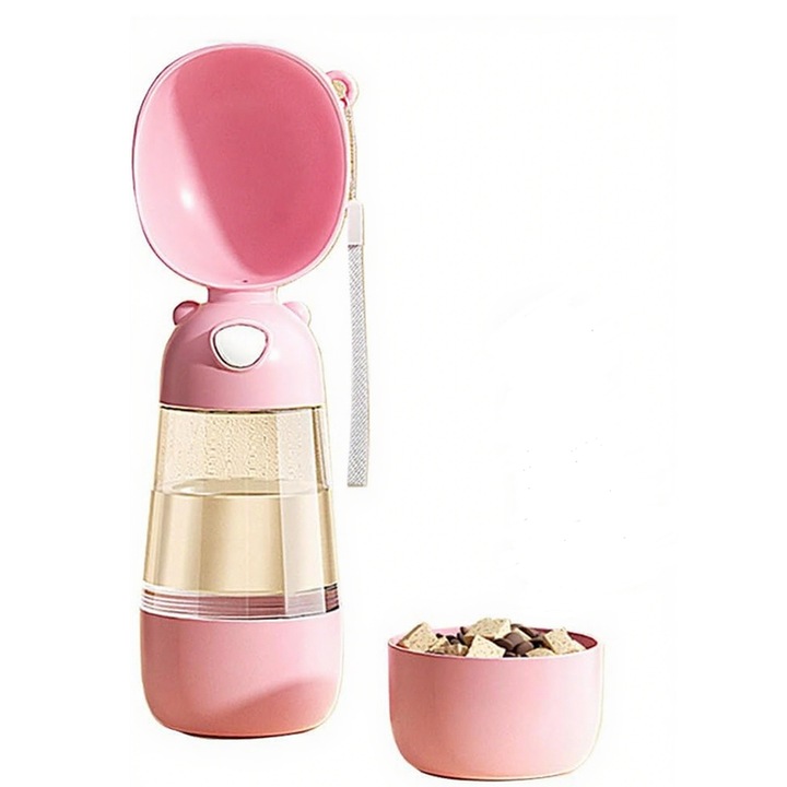 Sticla de apa portabila pentru caini si pisici Xiusaqio®, 2 in 1, fara scurgeri, perfect pentru plimbari, drumetii sau calatorii cu animalul dvs. de companie, 400ml, Roz