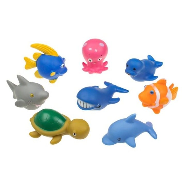 Különböző színű tengeri állat fürdőjátékok hálóban, 9 cm - 8 db