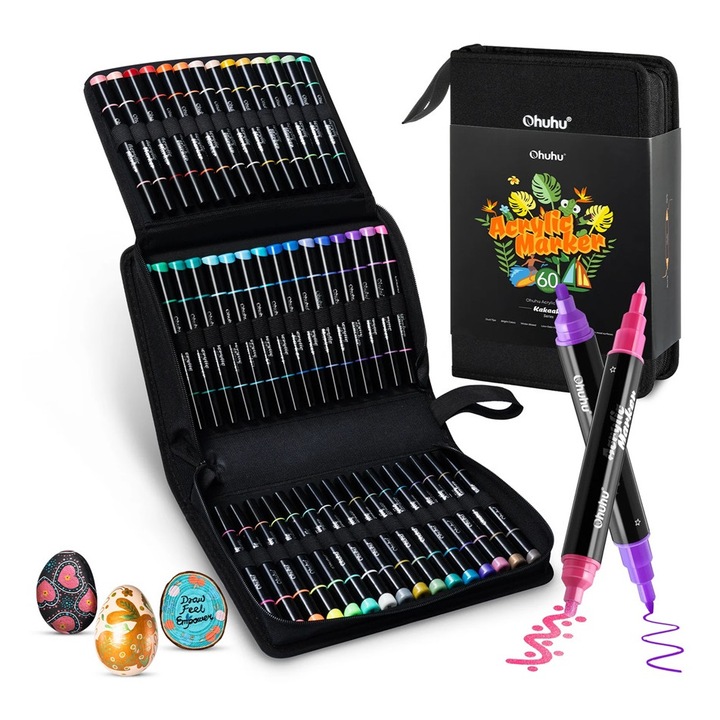 Set 60 Markere Acrilice Ohuhu, 24 De Culori Metalice, Varfuri Duble, Rotunde Si Fine, Vopsea Cu Opacitate Ridicata Pentru Pictat Pietre, Hartie, Oua, Lemn, Sticla, Ceramica
