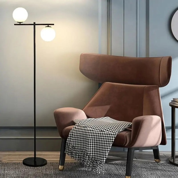 Lampadar de podea, 2 globuri albe, dulie E27, corp negru, 160 cm
