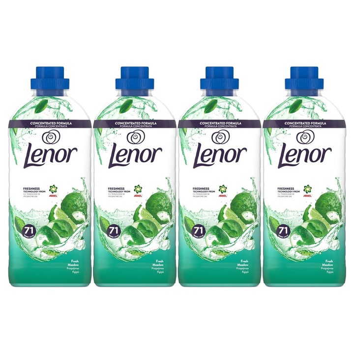 Set 4 x Lenor Balsam Rufe 1491ml Fresh Meadow 71 Spalari, ingrijire delicata a tesaturilor, protectie impotriva uzurii, protectie impotriva calcarului, alergeni redusi, tehnologie anti-miros