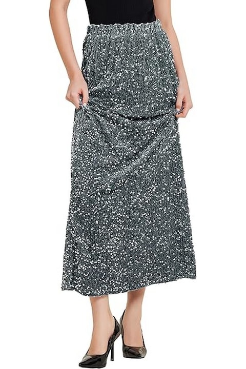Női flitteres bársony maxi szoknya, gumis derék, szürke, M-es méret, Allegra K