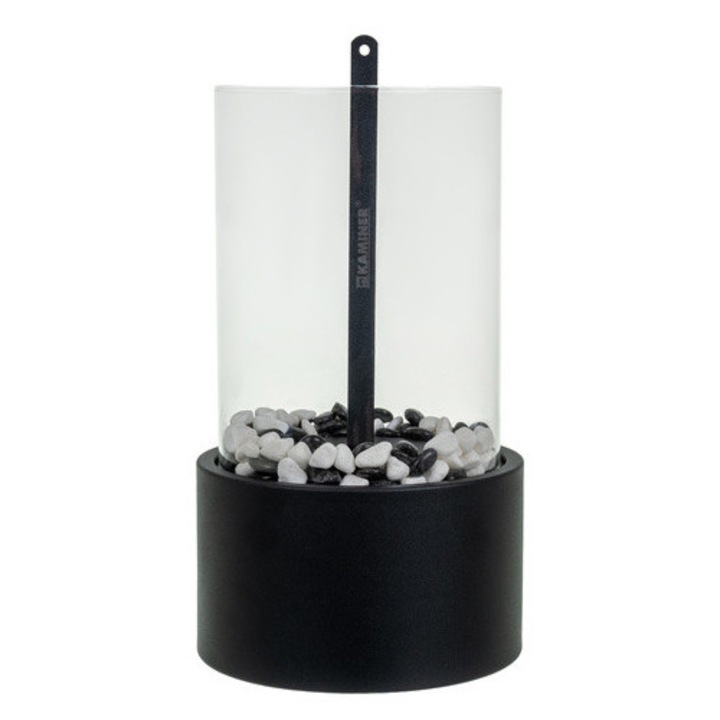 Настолна биокамина, Kaminer, 28 x 16 x 16 см, декоративна, термоустойчиво стъкло, без дим, неръждаема стомана, декоративни камъни, за вътрешна/външна употреба, Черен