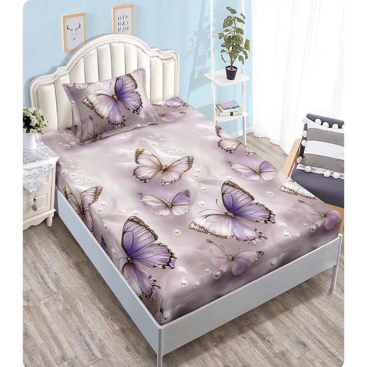 Set Husa de pat CHIRASO, cu Elastic, pentru 1 Persoana, 140 x 200 cm, include 1 Fata de Perna 50 x 70 cm, cu imprimeu, mov prafuit