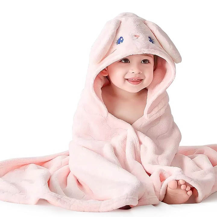 Детско пончо с качулка, BOMSTOM, 80x120см, розов заек, полар, абсорбиращо