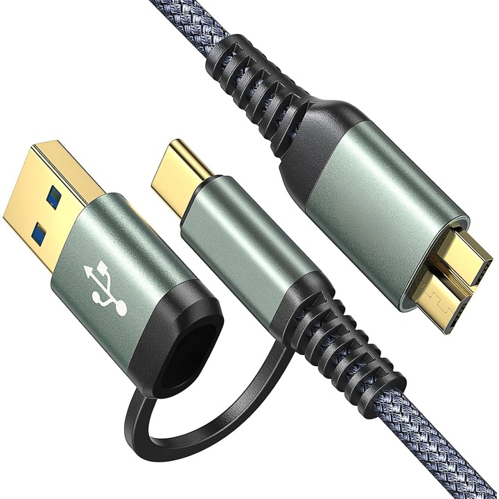 Cablu Hard Disk Extern 10Gbps Micro B la USB C, USB, 0.5 m – Cablu Nylon Impletit, Dual Adapter Compatibil cu MacBook Pro/Air, iPad/Tablet, Samsung Galaxy S25, Gri