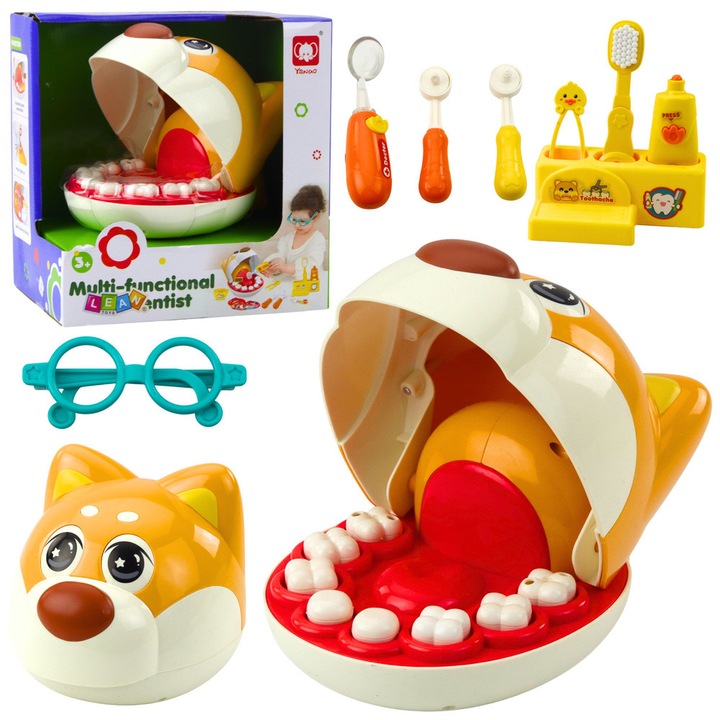 Set joaca doctor, LEAN Toys, piesek dentista, 8 dinti detasabili, lusterko iluminat, 17x11x13cm