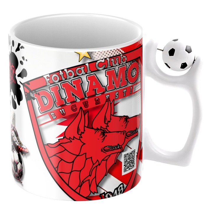 Cana personalizata - Dinamo Bucuresti, fotbal, cu minge de fotbal, cu cod QR pt imn, suporter, alba, ceramica, 330 ml, v10