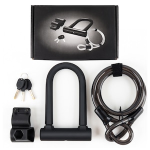 Lacat pentru bicicleta in forma de U, trei chei, silicon/otel inoxidabil, negru, dimensiuni 20 × 12,2 cm, diametru cablu de otel 12 mm, 120 cm